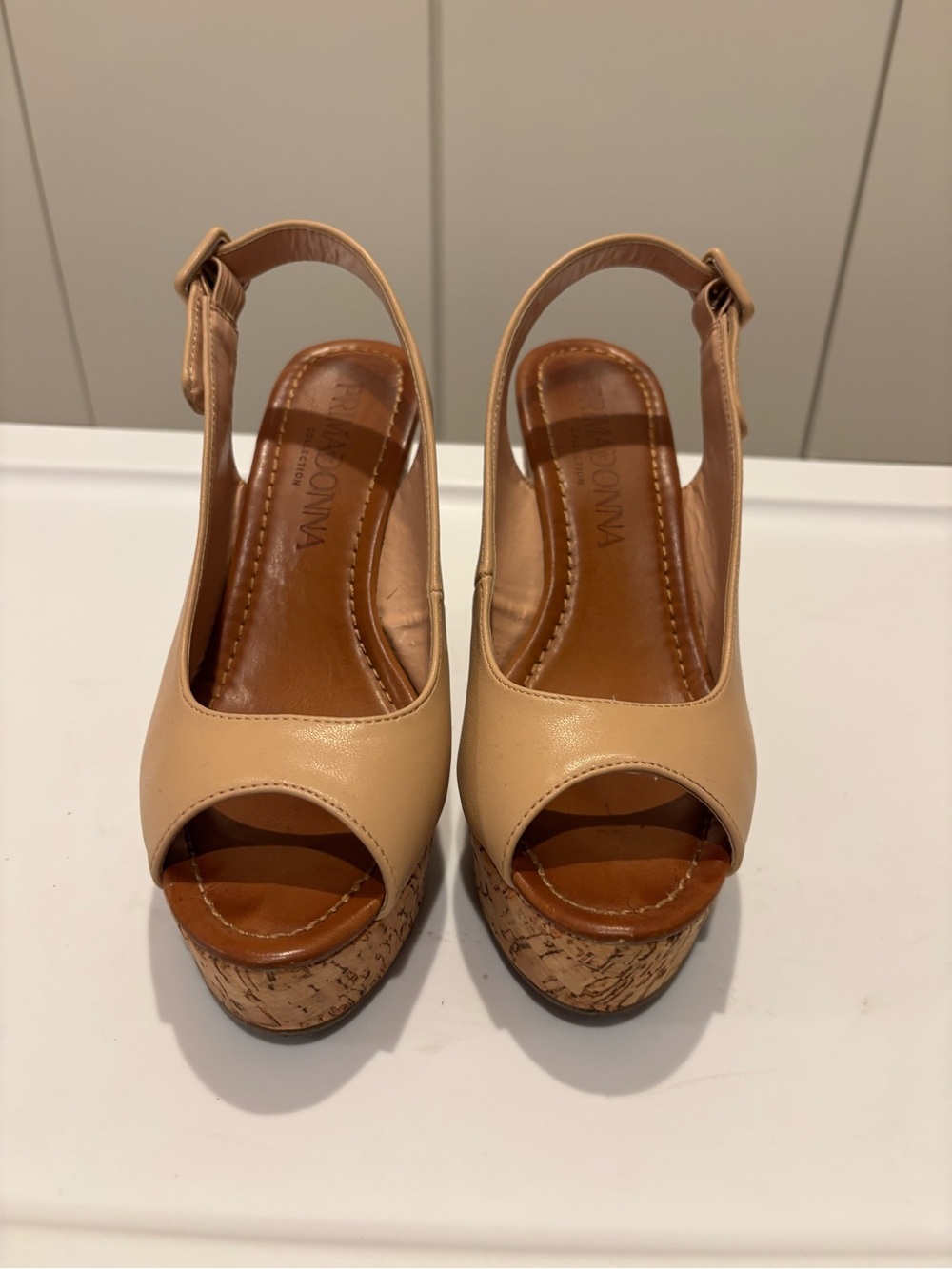 Neutral Beige Peep-Toe Cork Platform Slingbacks